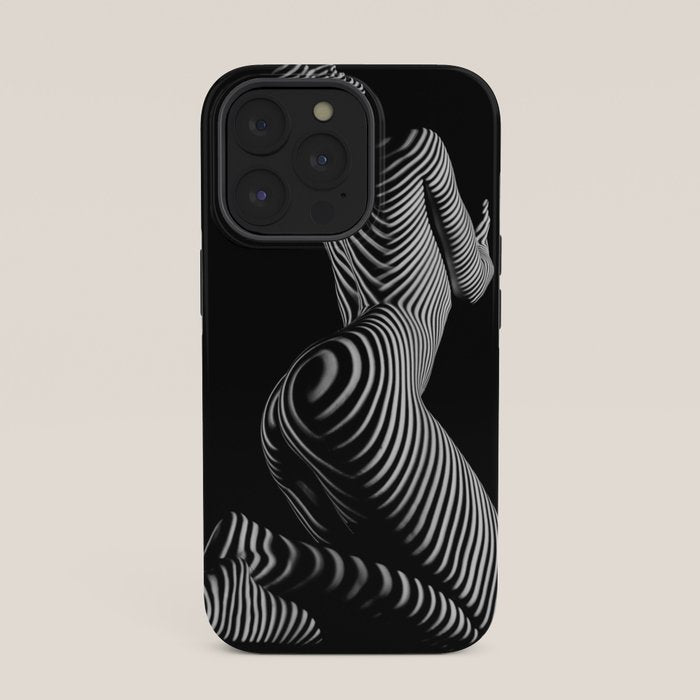 0721s-MM BW Fine Art Nude Tiger Striped Woman on Her Knees iPhone Case