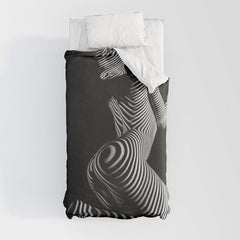 0721s-MM BW Fine Art Nude Tiger Striped Woman on Her Knees Duvet Cover