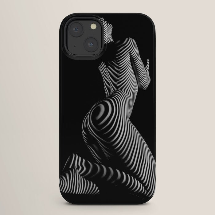 0721s-MM BW Fine Art Nude Tiger Striped Woman on Her Knees iPhone Case