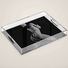 0721s-MM BW Fine Art Nude Tiger Striped Woman on Her Knees Acrylic Tray