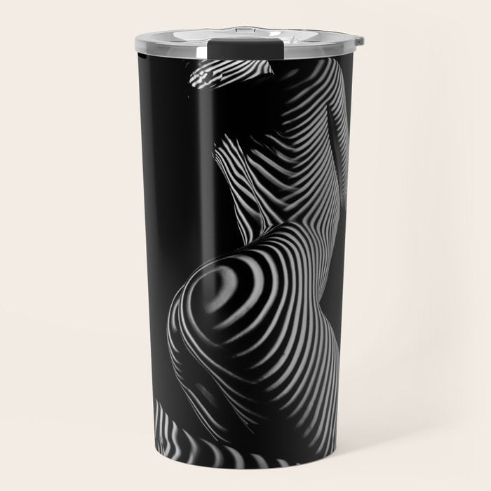 0721s-MM BW Fine Art Nude Tiger Striped Woman on Her Knees Travel Mug