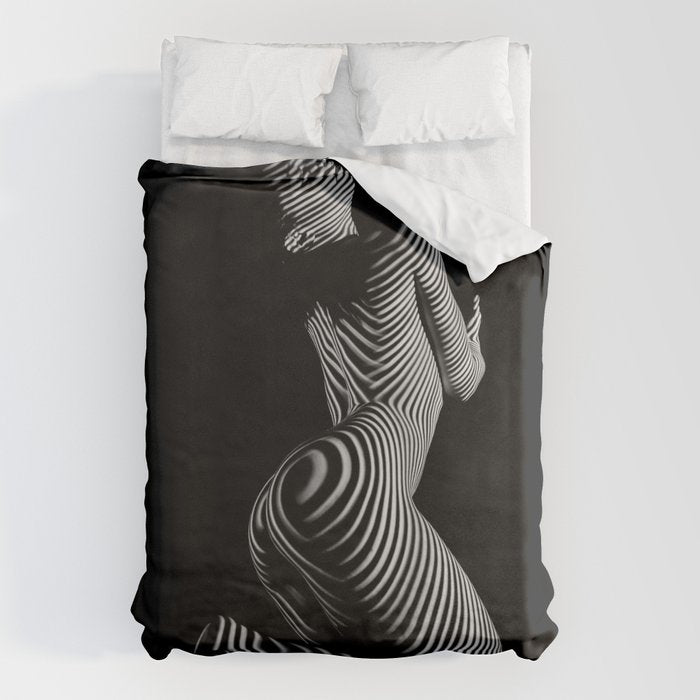0721s-MM BW Fine Art Nude Tiger Striped Woman on Her Knees Duvet Cover