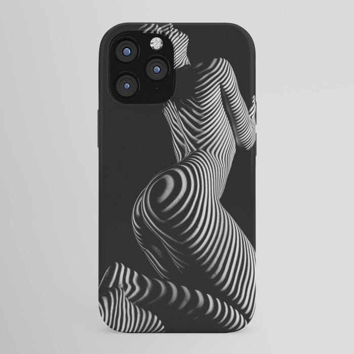 0721s-MM BW Fine Art Nude Tiger Striped Woman on Her Knees iPhone Case