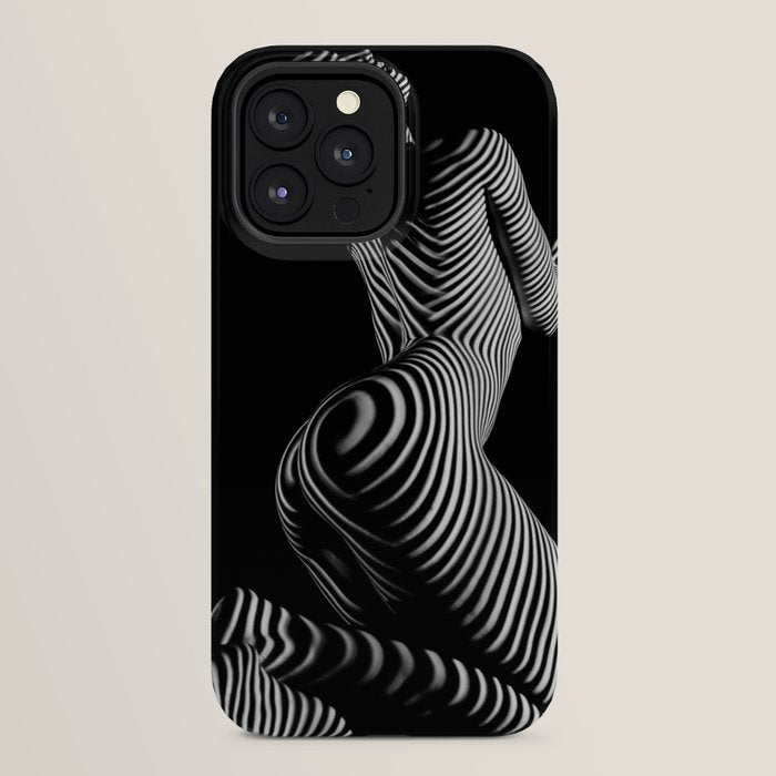 0721s-MM BW Fine Art Nude Tiger Striped Woman on Her Knees iPhone Case