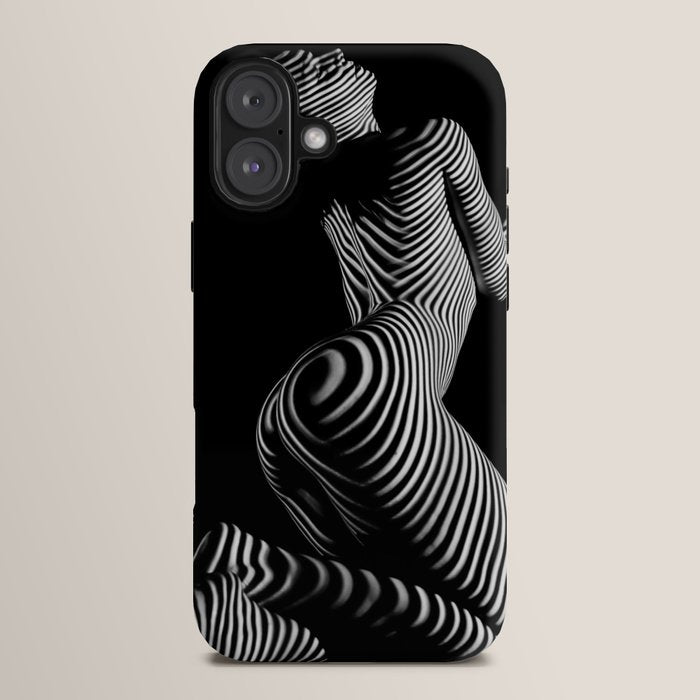 0721s-MM BW Fine Art Nude Tiger Striped Woman on Her Knees iPhone Case