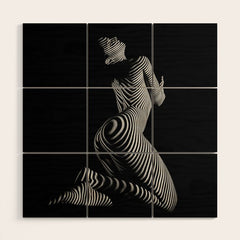 0721s-MM BW Fine Art Nude Tiger Striped Woman on Her Knees Wood Wall Art