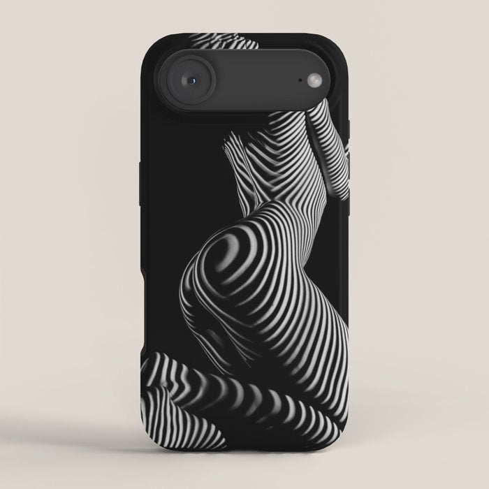 0721s-MM BW Fine Art Nude Tiger Striped Woman on Her Knees iPhone Case