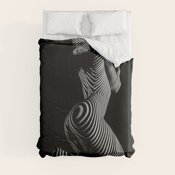 0721s-MM BW Fine Art Nude Tiger Striped Woman on Her Knees Duvet Cover