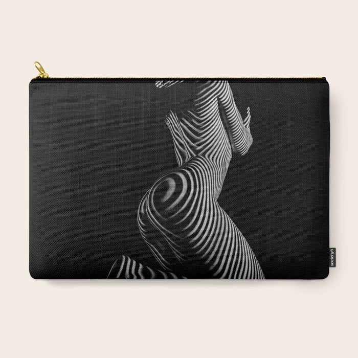 0721s-MM BW Fine Art Nude Tiger Striped Woman on Her Knees Carry All Pouch