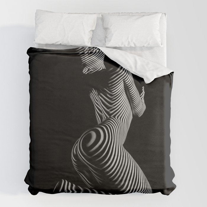 0721s-MM BW Fine Art Nude Tiger Striped Woman on Her Knees Duvet Cover