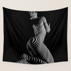 0721s-MM BW Fine Art Nude Tiger Striped Woman on Her Knees Wall Tapestry
