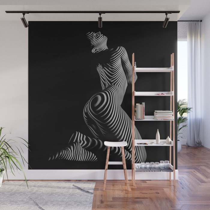 0721s-MM BW Fine Art Nude Tiger Striped Woman on Her Knees Wall Mural