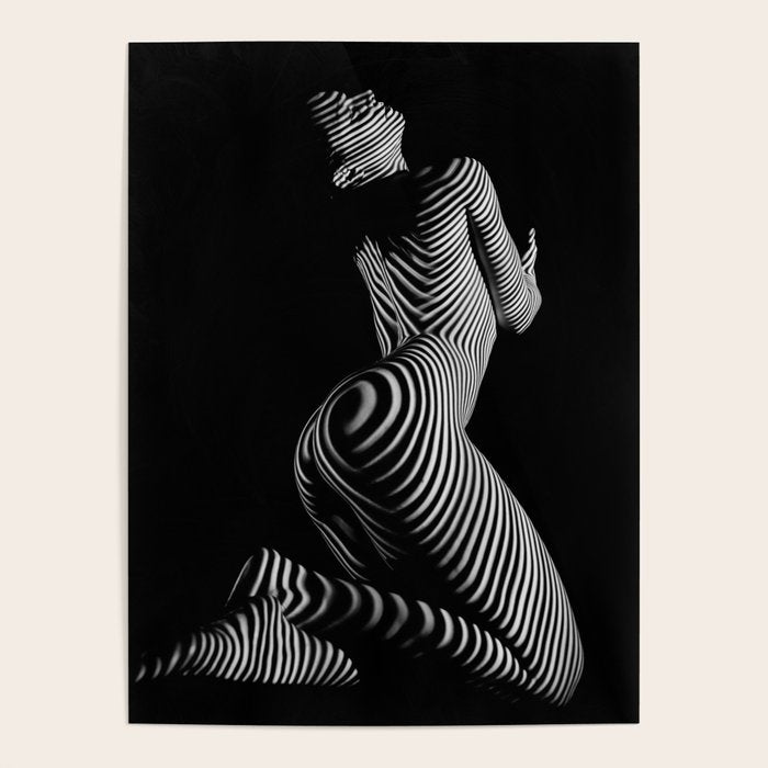 0721s-MM BW Fine Art Nude Tiger Striped Woman on Her Knees Poster