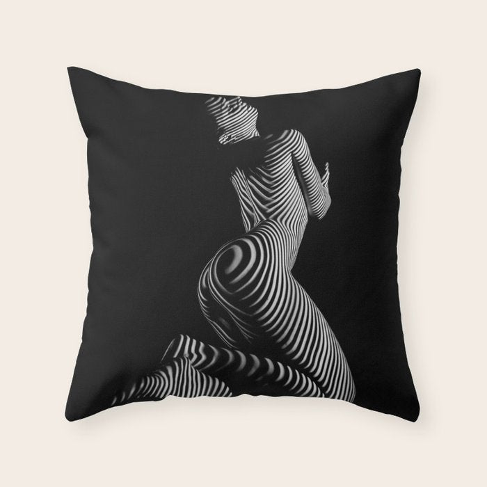0721s-MM BW Fine Art Nude Tiger Striped Woman on Her Knees Throw Pillow