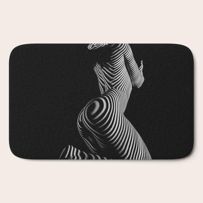 0721s-MM BW Fine Art Nude Tiger Striped Woman on Her Knees Bath Mat