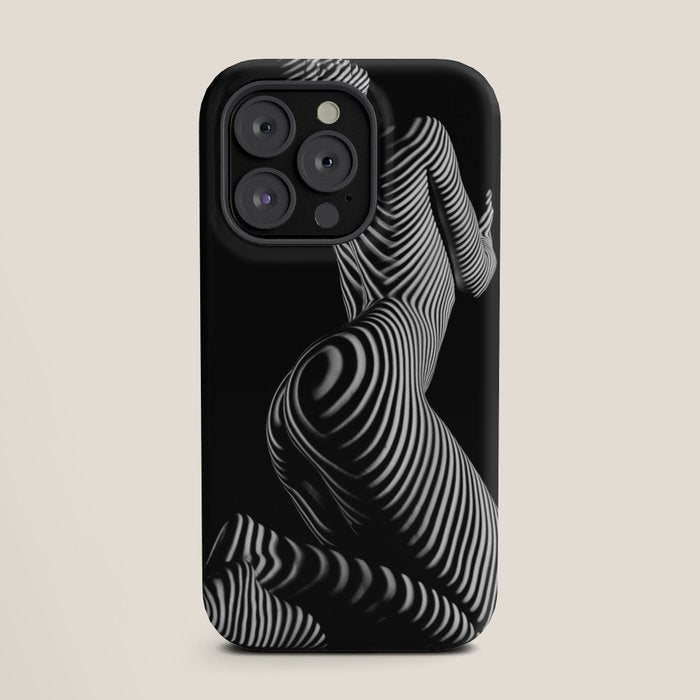 0721s-MM BW Fine Art Nude Tiger Striped Woman on Her Knees iPhone Case
