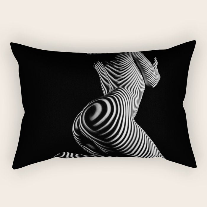 0721s-MM BW Fine Art Nude Tiger Striped Woman on Her Knees Rectangular Pillow