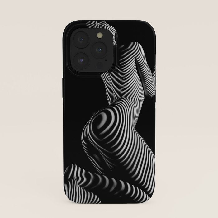 0721s-MM BW Fine Art Nude Tiger Striped Woman on Her Knees iPhone Case