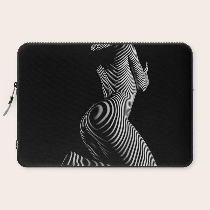 0721s-MM BW Fine Art Nude Tiger Striped Woman on Her Knees Laptop Sleeve