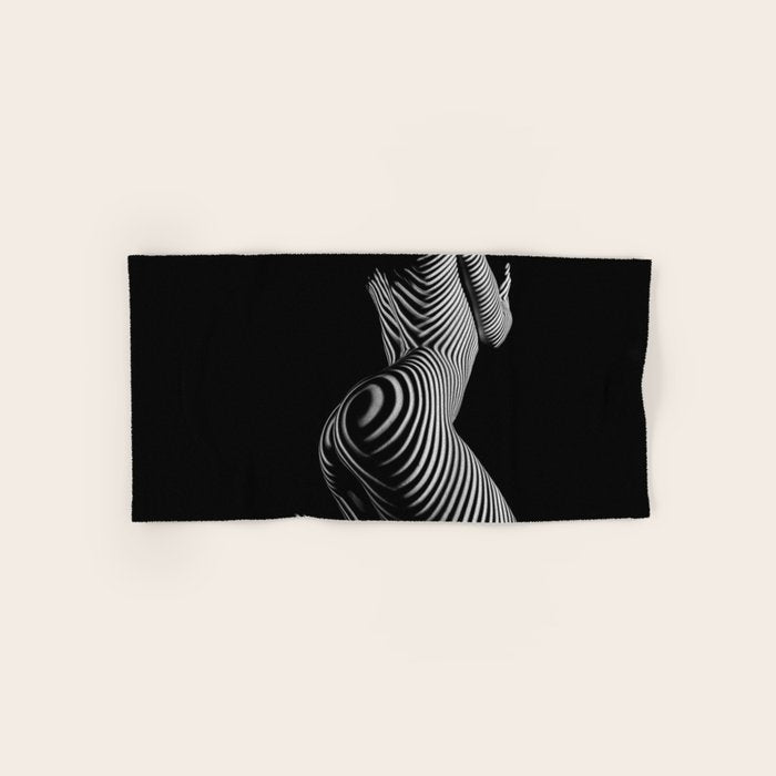 0721s-MM BW Fine Art Nude Tiger Striped Woman on Her Knees Bath Towel