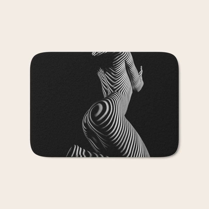 0721s-MM BW Fine Art Nude Tiger Striped Woman on Her Knees Bath Mat