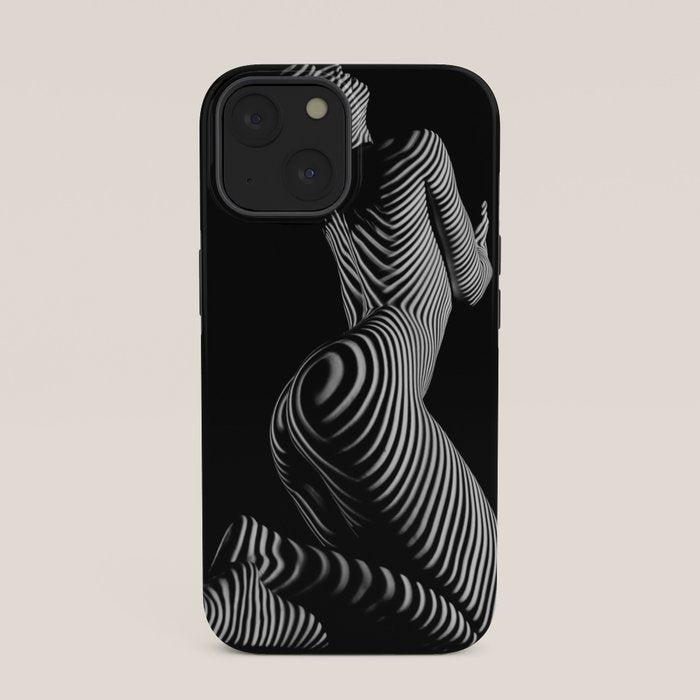 0721s-MM BW Fine Art Nude Tiger Striped Woman on Her Knees iPhone Case
