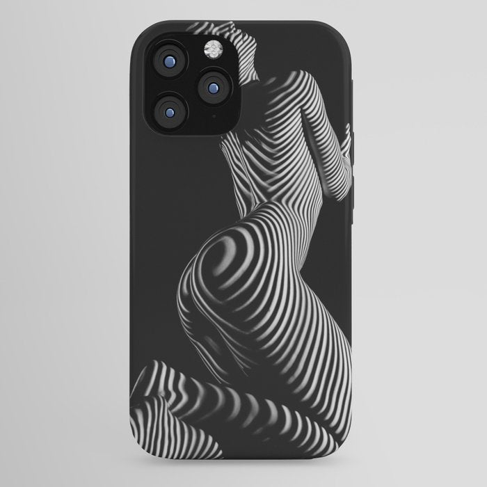 0721s-MM BW Fine Art Nude Tiger Striped Woman on Her Knees iPhone Case
