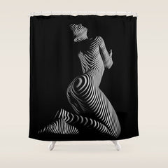0721s-MM BW Fine Art Nude Tiger Striped Woman on Her Knees Shower Curtain