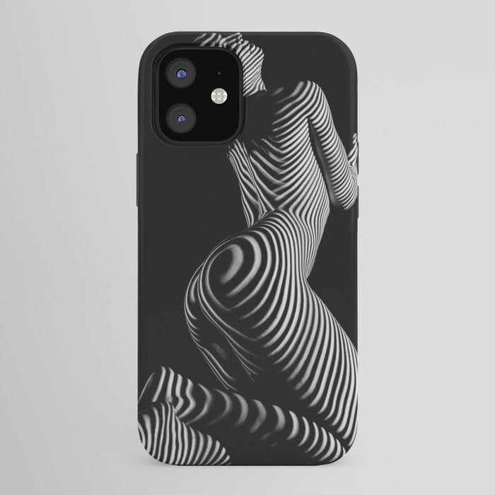 0721s-MM BW Fine Art Nude Tiger Striped Woman on Her Knees iPhone Case