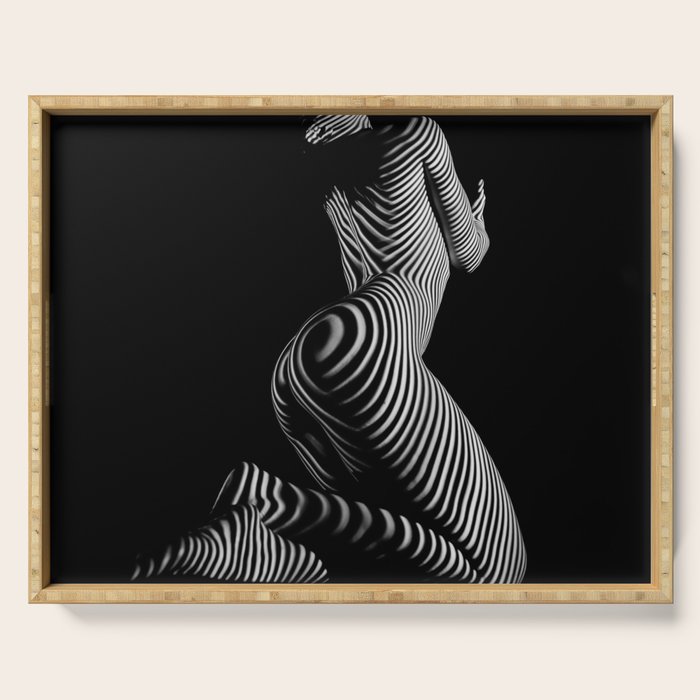 0721s-MM BW Fine Art Nude Tiger Striped Woman on Her Knees Serving Tray