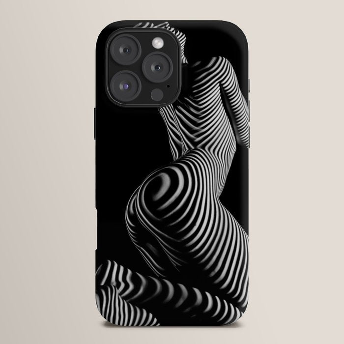 0721s-MM BW Fine Art Nude Tiger Striped Woman on Her Knees iPhone Case
