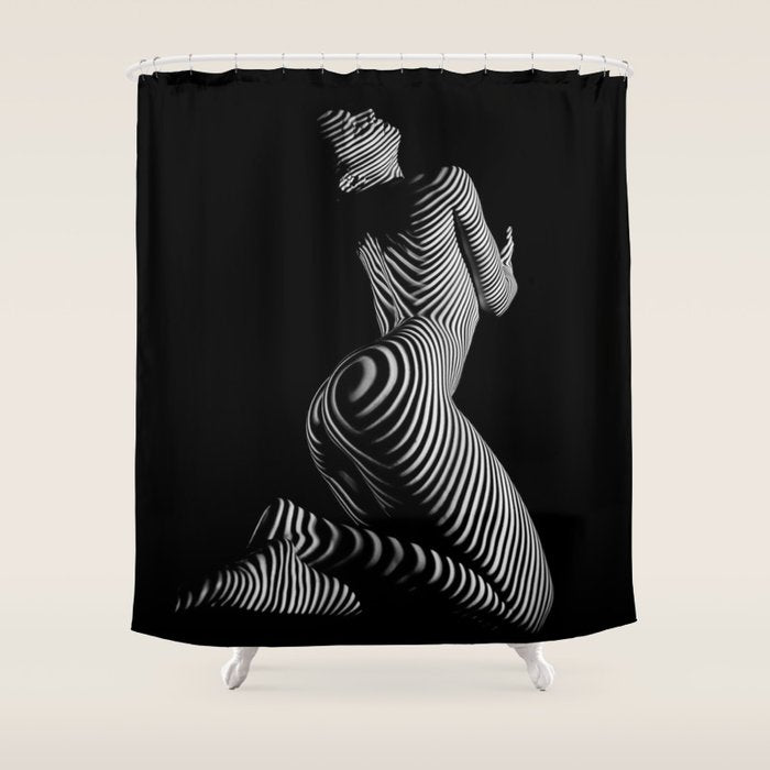 0721s-MM BW Fine Art Nude Tiger Striped Woman on Her Knees Shower Curtain
