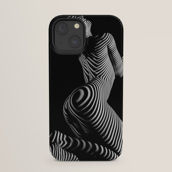 0721s-MM BW Fine Art Nude Tiger Striped Woman on Her Knees iPhone Case