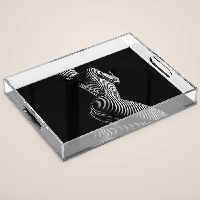 0721s-MM BW Fine Art Nude Tiger Striped Woman on Her Knees Acrylic Tray