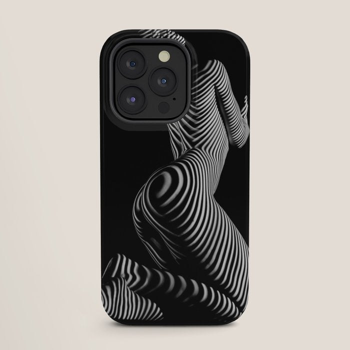 0721s-MM BW Fine Art Nude Tiger Striped Woman on Her Knees iPhone Case