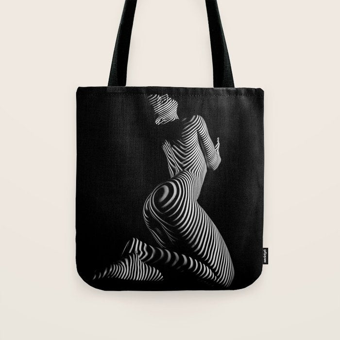 0721s-MM BW Fine Art Nude Tiger Striped Woman on Her Knees Tote Bag