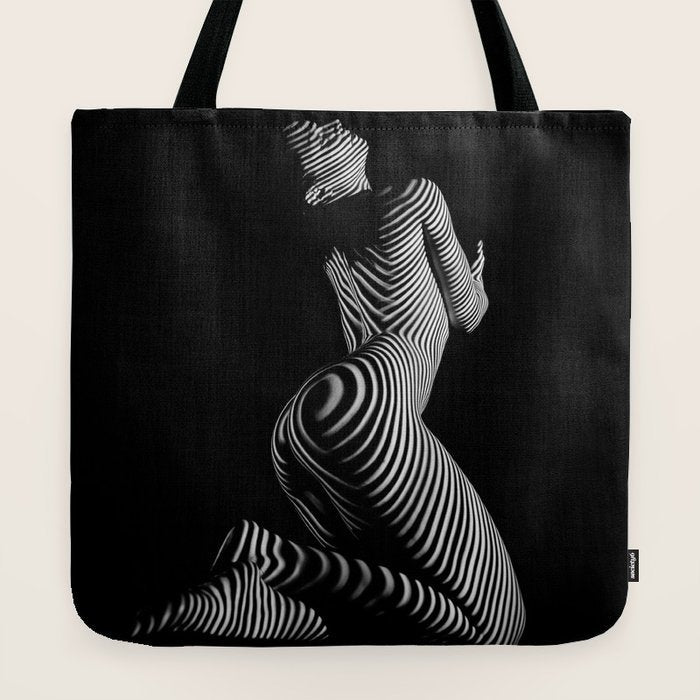 0721s-MM BW Fine Art Nude Tiger Striped Woman on Her Knees Tote Bag
