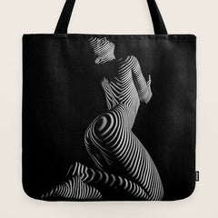 0721s-MM BW Fine Art Nude Tiger Striped Woman on Her Knees Tote Bag