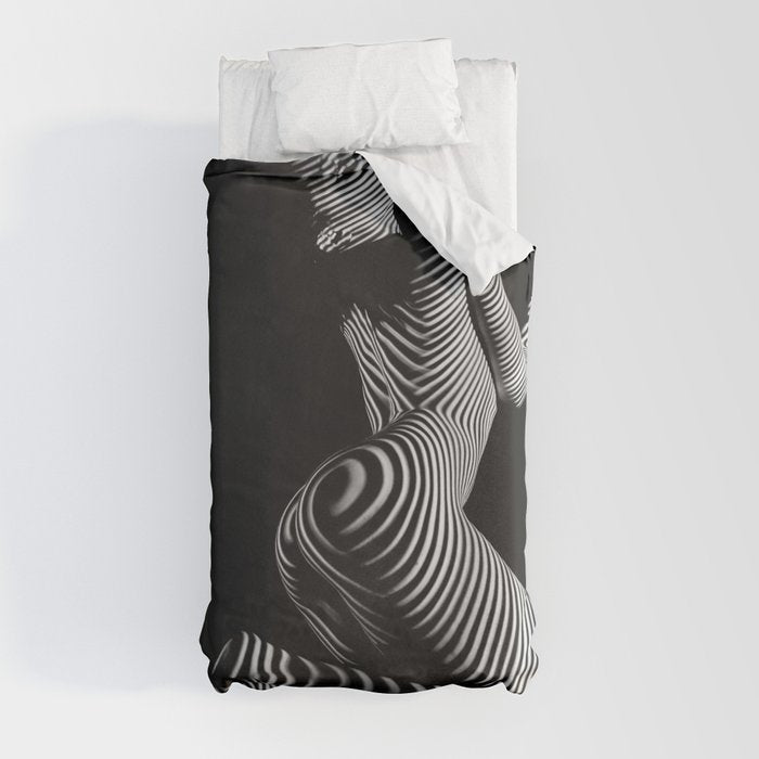 0721s-MM BW Fine Art Nude Tiger Striped Woman on Her Knees Duvet Cover