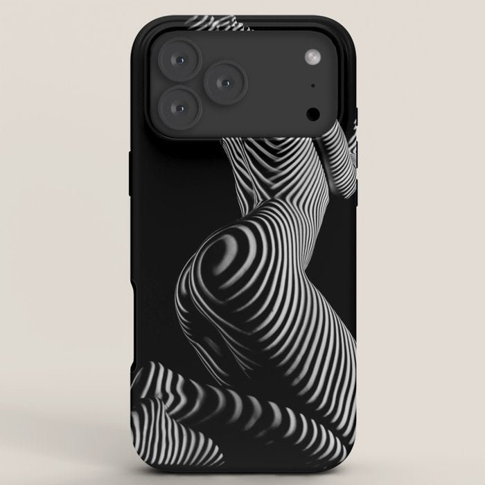 0721s-MM BW Fine Art Nude Tiger Striped Woman on Her Knees iPhone Case