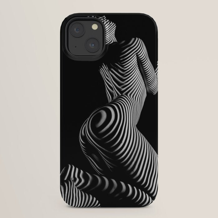 0721s-MM BW Fine Art Nude Tiger Striped Woman on Her Knees iPhone Case