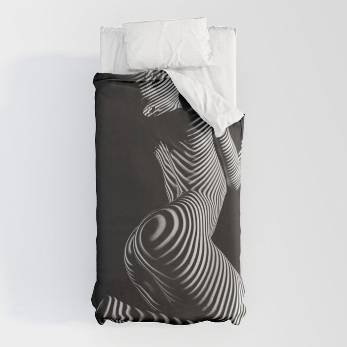 0721s-MM BW Fine Art Nude Tiger Striped Woman on Her Knees Duvet Cover