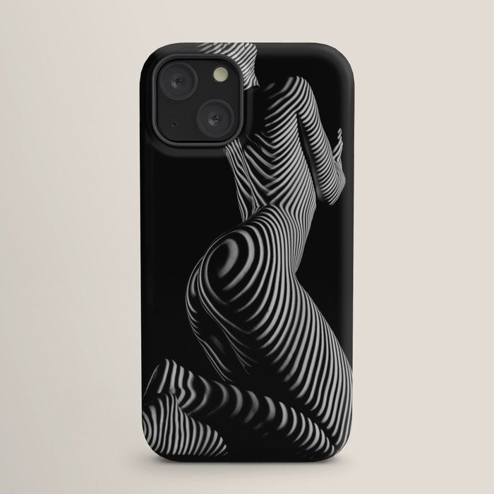 0721s-MM BW Fine Art Nude Tiger Striped Woman on Her Knees iPhone Case