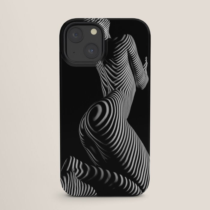 0721s-MM BW Fine Art Nude Tiger Striped Woman on Her Knees iPhone Case