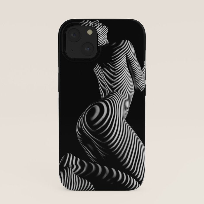 0721s-MM BW Fine Art Nude Tiger Striped Woman on Her Knees iPhone Case