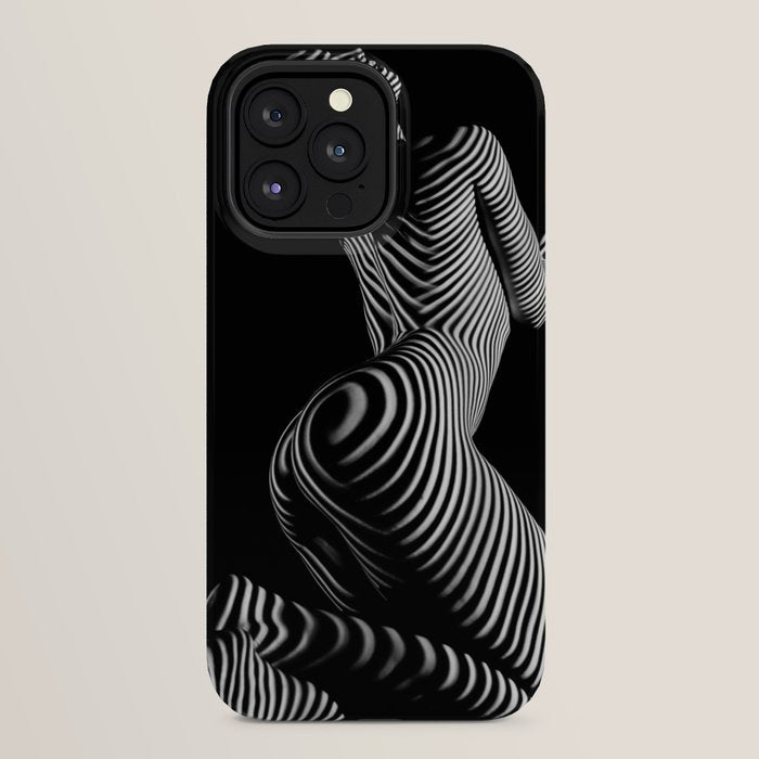 0721s-MM BW Fine Art Nude Tiger Striped Woman on Her Knees iPhone Case