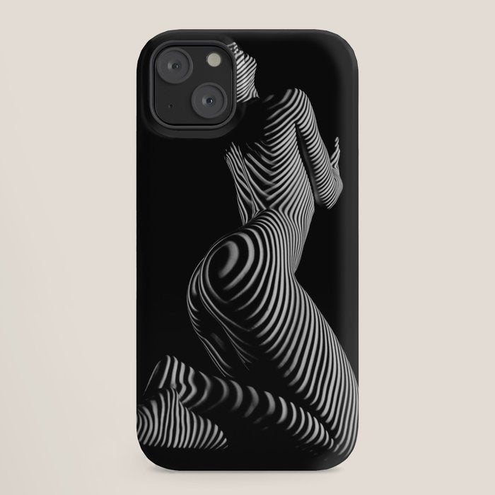 0721s-MM BW Fine Art Nude Tiger Striped Woman on Her Knees iPhone Case