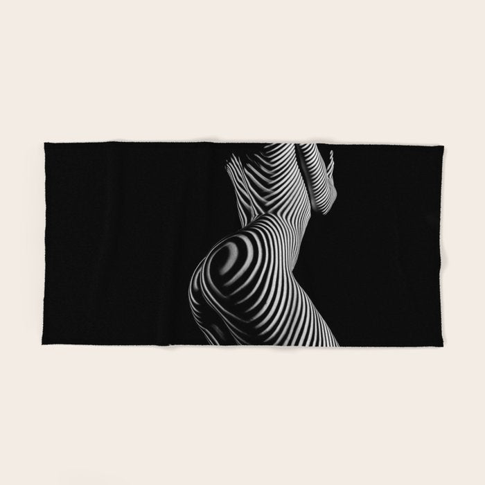 0721s-MM BW Fine Art Nude Tiger Striped Woman on Her Knees Bath Towel
