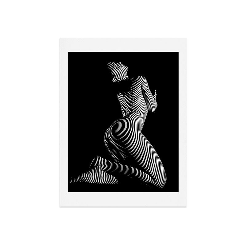 0721s-MM BW Fine Art Nude Tiger Striped Woman on Her Knees Art Print