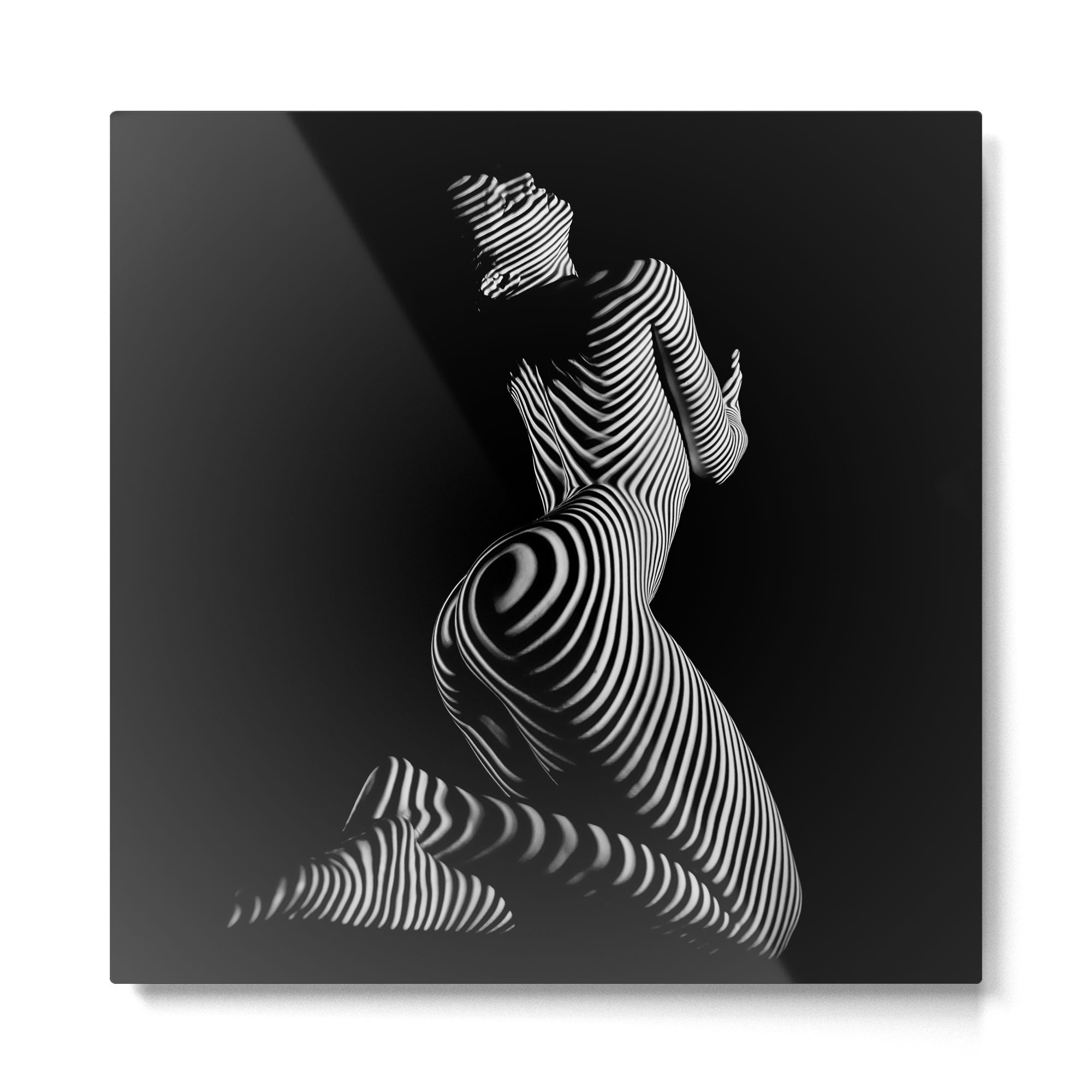 0721s-MM BW Fine Art Nude Tiger Striped Woman on Her Knees Metal Print